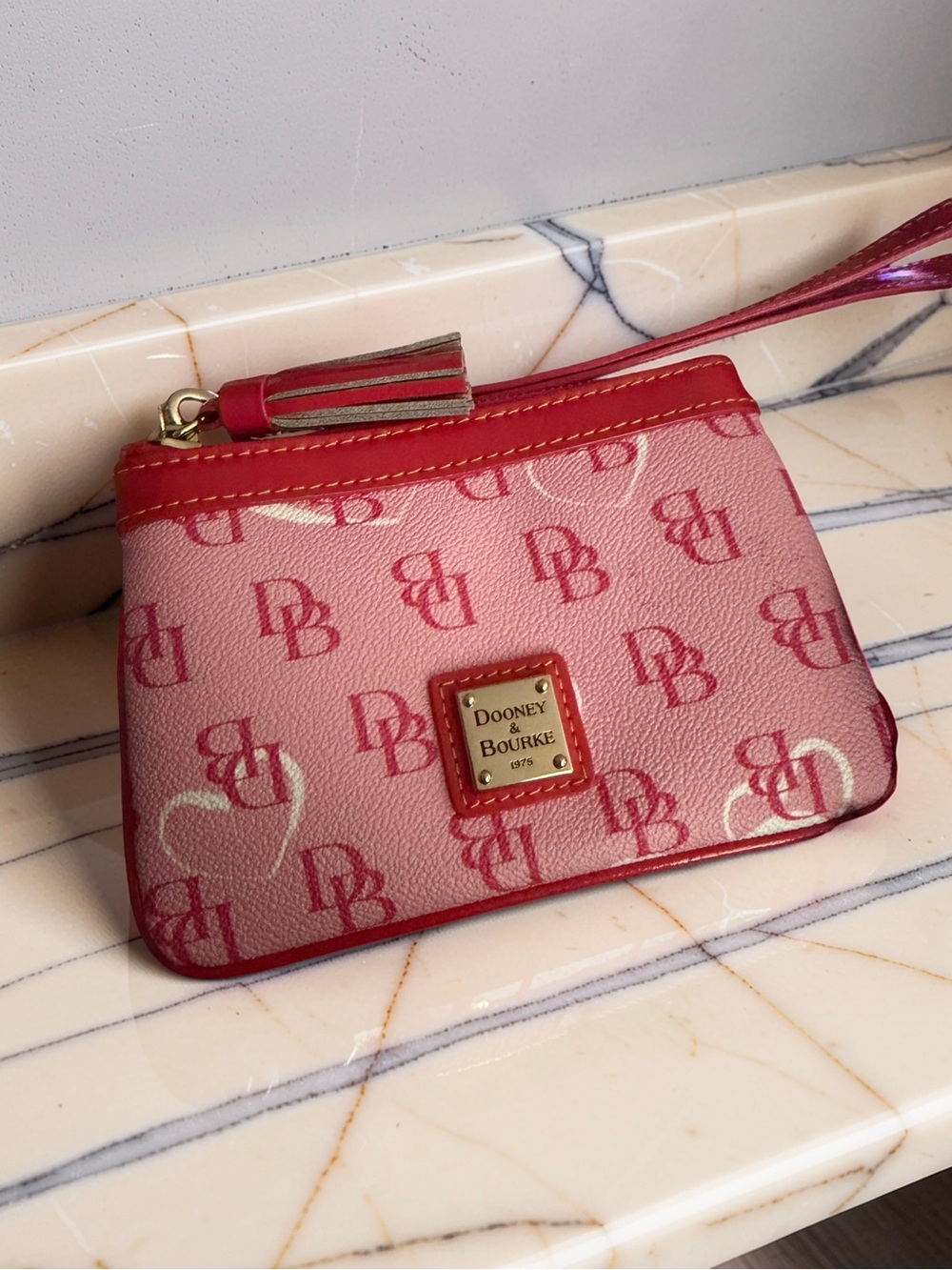 Dooney & Bourke Pink & Red Logo Wristlet with Tassel